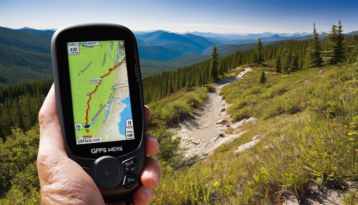 Image of a GPS device showing a trail map with a hiker navigating the wilderness